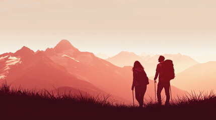 Fototapeta premium Young couple hiking in the mountains with space for text, great for banners.