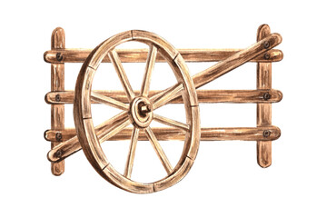 Wooden wheel of cartnear the fence. Rustic composition of country life. Hand drawn watercolor illustration isolated. Farmhouse decor for thanksgiving. Clip art for sticker, scrapbooking, card, print.