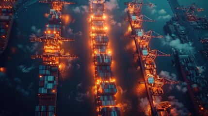 Aerial View of Cargo Ships at Night