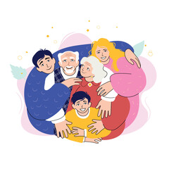 Joyful European family hugging, comic image