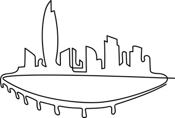 Megapolis. Continuous line drawing.Illustration of the highway and cityscape of the city. Vector