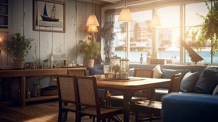 table blurred nautical interior