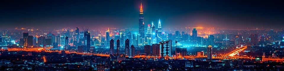 Aerial view Smart cityscape dot point connect with gradient line, connection technology metaverse concept. Bangkok, Thailand night city