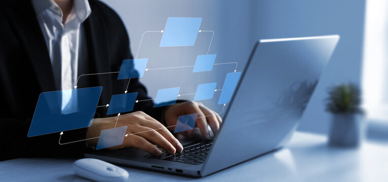 Chart scheme hierarchy management of corporate. Digital technology of business process and workflow automation with flowchart and processing management.