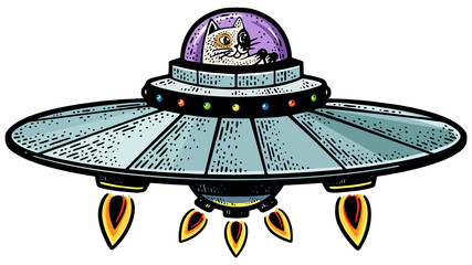 Cartoon cat fly on UFO flying saucer spaceship color line art sketch engraving PNG illustration. T-shirt apparel print design. Scratch board imitation. Black and white hand drawn image. © Oleksandr Pokusai
