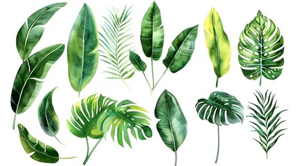 Vibrant Tropical Leaves and Plants Watercolor for Botanical Design