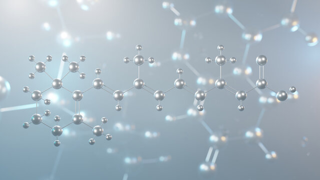 tretinoin molecular structure, 3d model molecule, all-trans retinoic acid, structural chemical formula view from a microscope