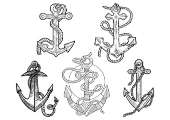 Anchor and rope set line art sketch engraving PNG illustration. T-shirt apparel print design. Scratch board imitation. Black and white hand drawn image.