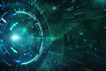 Obraz premium A green screen with a glowing circle in the center. The circle is surrounded by a series of lines and dots.