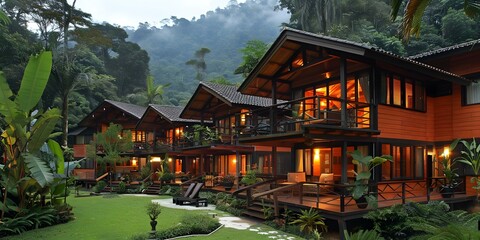 Obraz premium Wooden houses in the middle of a tropical forest