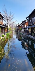 Fototapeta premium Traditional Japanese Houses Along a Canal With Cherry Blossoms and Koi Fish