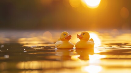 Two rubber ducks floating on water at sunset, close-up view. Childhood and relaxation concept