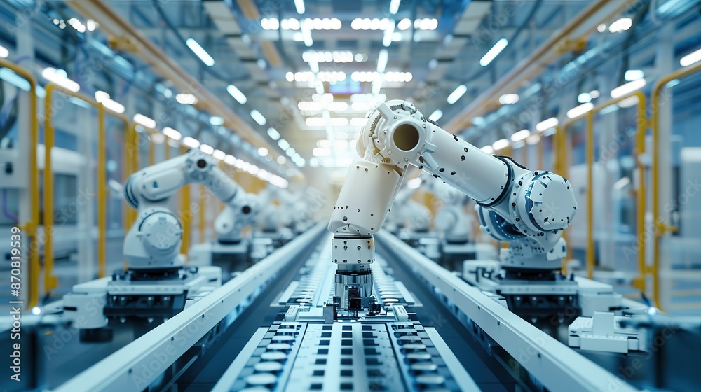 Poster advanced high precision robot arms on fully automated pcb assembly line inside modern electronics fa