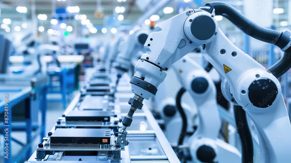 Poster advanced high precision robot arms on fully automated pcb assembly line inside modern electronics fa