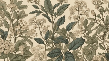 Beautiful pattern wallpaper in plants and flowers, engraving, sketch