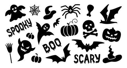 Halloween black silhouette clipart hand drawn quote lettering set. Ghosts, bats, pumpkin, spider, skull with crossed bones and withch's hat. EPS 10 vector illustration for prints, cutting designs