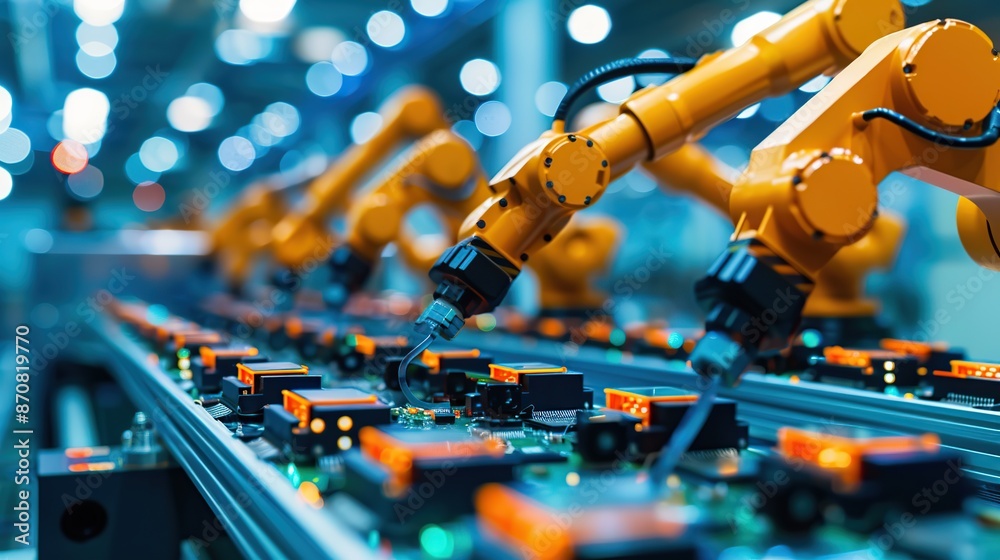Poster advanced high precision robot arms on fully automated pcb assembly line inside modern electronics fa