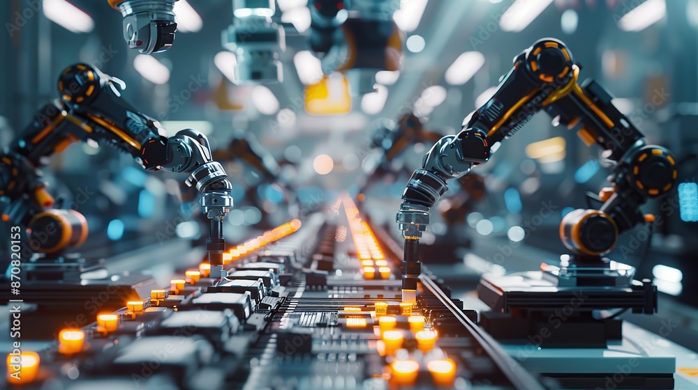 Poster advanced high precision robot arms on fully automated pcb assembly line inside modern electronics fa