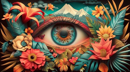 Obraz premium A digital art piece featuring a vibrant eye surrounded by lush tropical foliage and a mountain view
