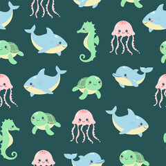 Seamless pattern of cute sea animals on emerald green background. Marine life animals. Template for baby shower, print, fabric, greeting cards and invitation. Vector illustration