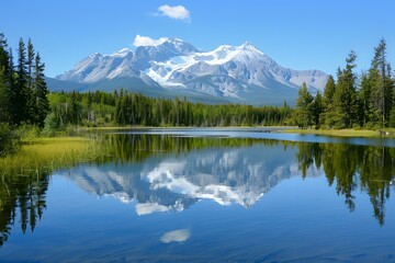The reflection of snow-capped mountains in a calm lake surrounded by green trees under a blue sky