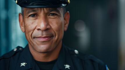 Portrait of a confident Hispanic male police officer in uniform, standing outdoors with a focused expression, highlighting law enforcement dedication.