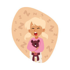 Cute sleepy blond girl wearing pajamas holding teddy bear toy and yawning vector flat kid waking up bedtime in frame