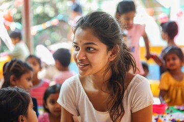 Young Indian Volunteer Engaging with Children at a Cultural Event