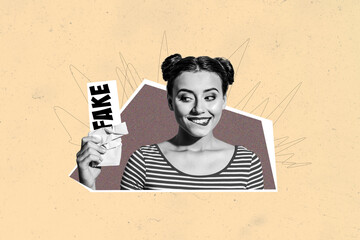 Composite photo collage of happy cunning girl hold chocolate imitation wrapper fake disinformation...
