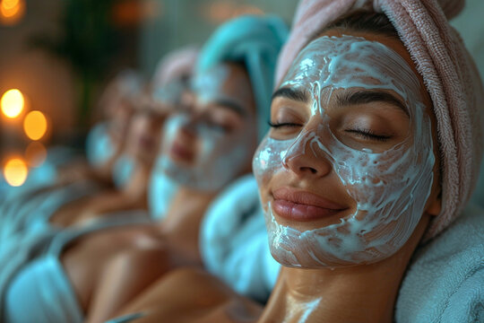 Friends having a spa day, relaxing with massages and facials