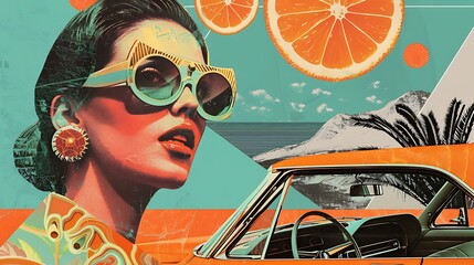 Retro Road Trip: Woman in Sunglasses with Orange Car and Citrus Slices Embracing Summer Nostalgia