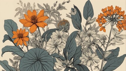 Beautiful pattern wallpaper in plants and flowers, engraving, sketch