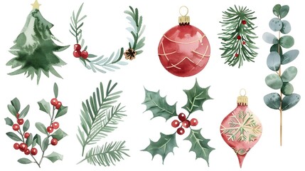 Festive Watercolor Christmas Elements in Vibrant Design with Holiday Cheer