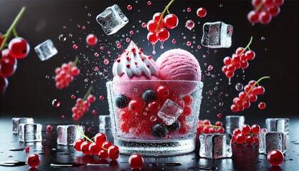 Pink delicious popsicles with red and black currant black falling ice cubes in a glass mug on a black background. Cooling food in hot weather