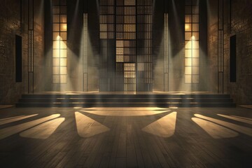 A Jazz Age Glamour themed night club stage in 3D, with soft spotlighting and golden hues that reminisce the roaring twenties elegance