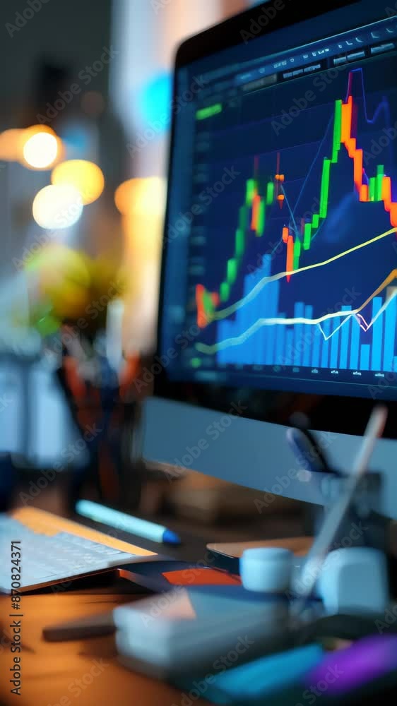 Poster colorful stock market charts displayed on a computer screen in a modern office. financial analysis a