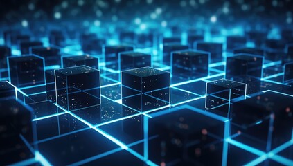 Obraz premium Abstract 3d rendering of cubes with glowing particles. Futuristic background.
