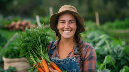 Female farmer holding freshly picked carrots and sweet potatoes on her farm. Self-sufficient young woman smiling cheerfully after harvesting fresh vegetables from her organic garden.
