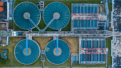 Aerial view of sewage water treatment plant, Purification process water cleaning facility wastewater treatment plant, Water treatment plant recycling plant, Recirculation solid contact clarifier.