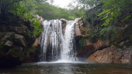 Fototapeta premium The waterfall's plunge creates a natural amphitheater, amplifying the sound of its roaring waters.