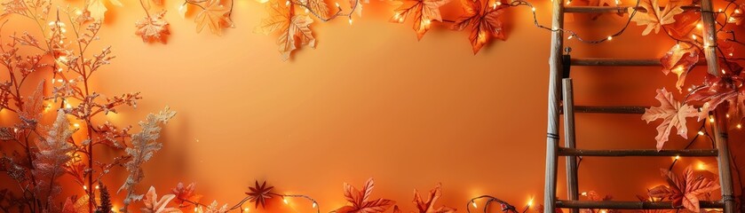 Autumn-themed border with vibrant leaves and decorative lights, featuring a ladder on the right side. Perfect for fall and seasonal designs.