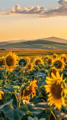 Fototapeta premium Sunflower field at sunset with rolling hills in the background, vibrant rural landscape. Nature and tranquility concept