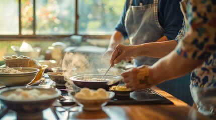 A Japanese family preparing a traditional breakfast in a bright, airy kitchen. Focus on the family working together, with a close-up of hands making miso soup and setting the table.
