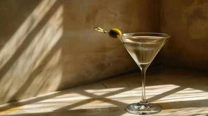 A luxurious vodka martini with olives in the sun. Background for copying