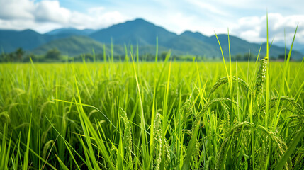 Fototapeta premium Green Rice Field with Mountains in the Background