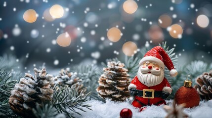 Obraz premium Christmas and New Year holidays background with Santa Claus toy and Christmas tree.
