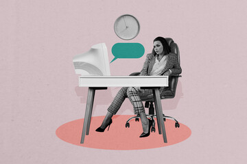 Image artwork collage of successful woman sitting workplace reading sms empty space isolated on drawing background