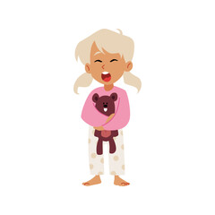 Cute sleepy blond girl wearing pajamas holding teddy bear toy and yawning vector flat illustration kid waking up bedtime