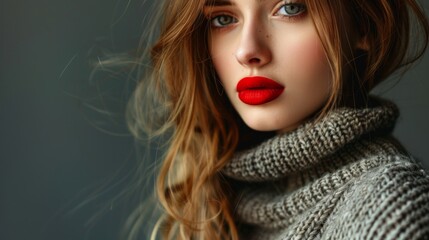 Fototapeta premium Portrait of young stunning model with bright impressive red lips. Studio photo shoot of pretty woman in fashionable sweater