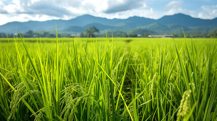 Obraz premium Lush Green Rice Paddy Field
